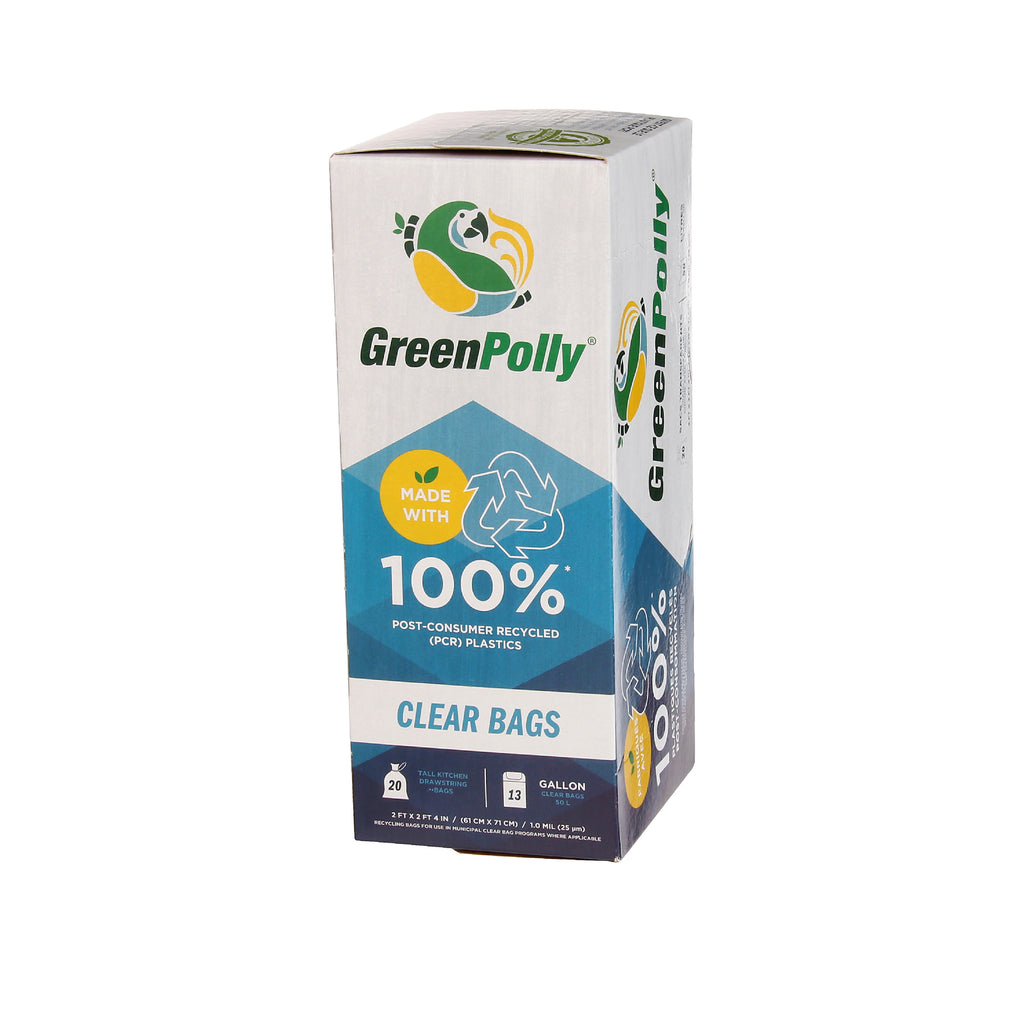 13 Gallon Clear Tall Kitchen Drawstring Trash Bags, 100% Recycled Plastic