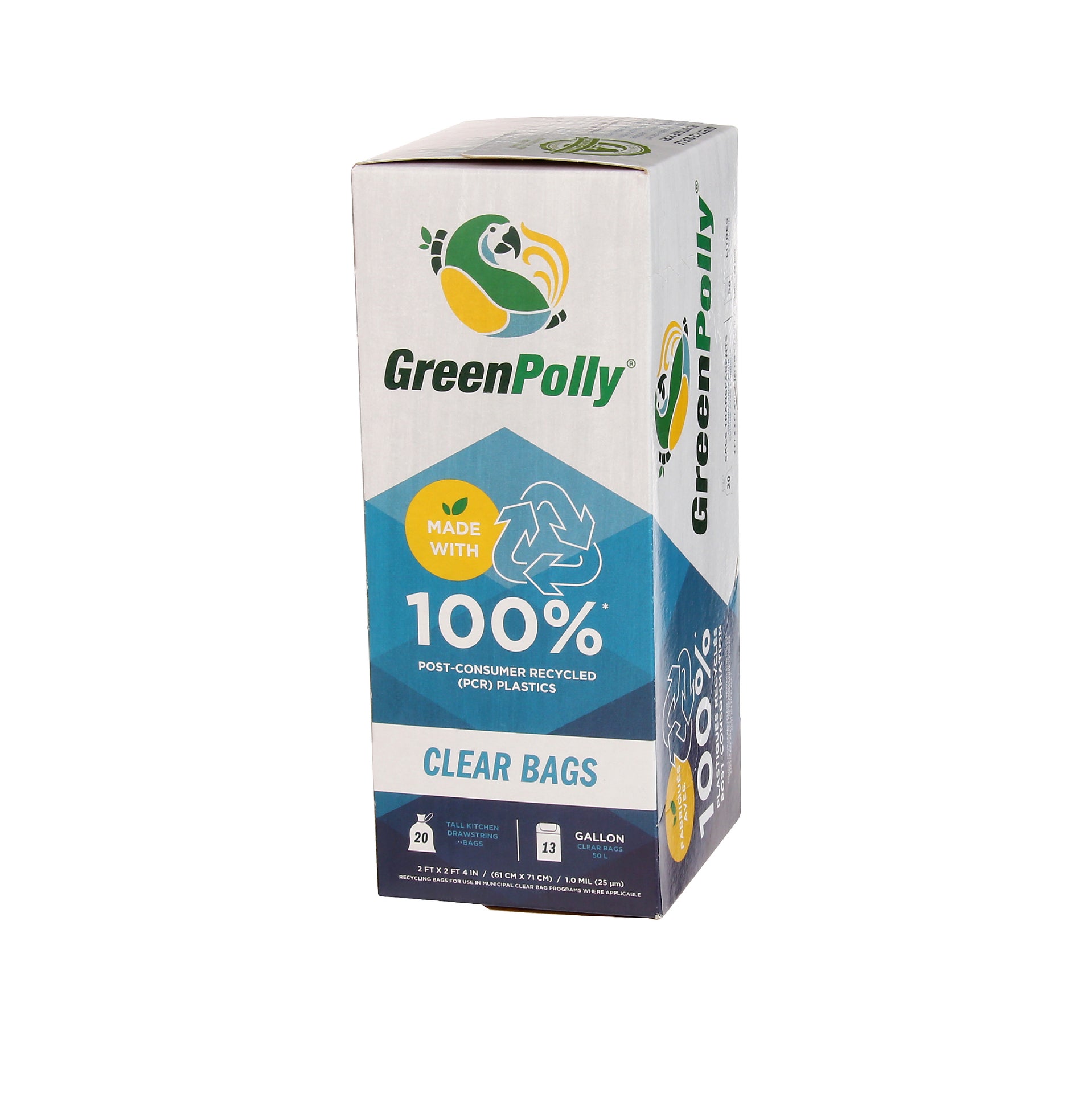 13 Gallon Clear Tall Kitchen Drawstring Trash Bags, 100% Recycled Plastic