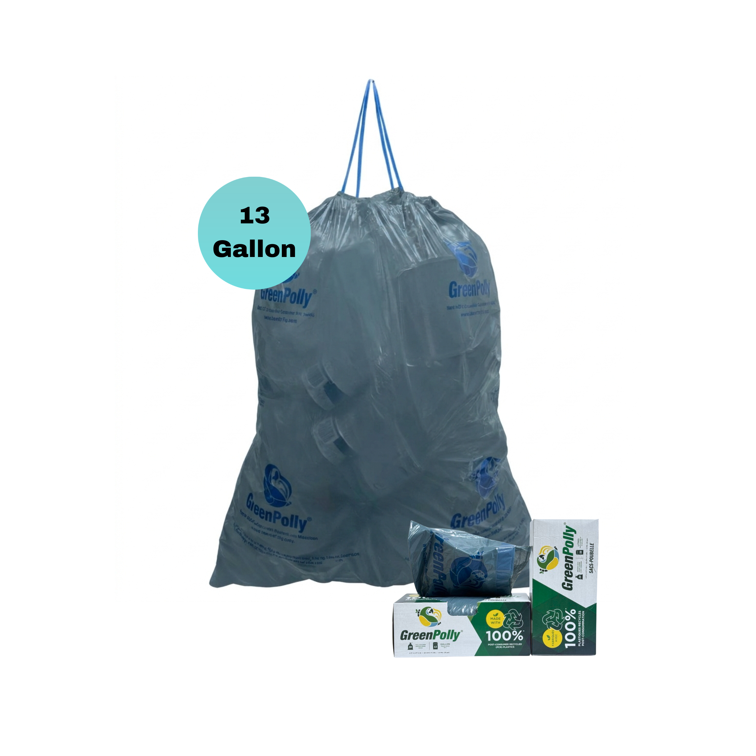 13 Gallon Opaque Gray Blue Tall Kitchen Drawstring Trash Bags, 100% Recycled Plastic