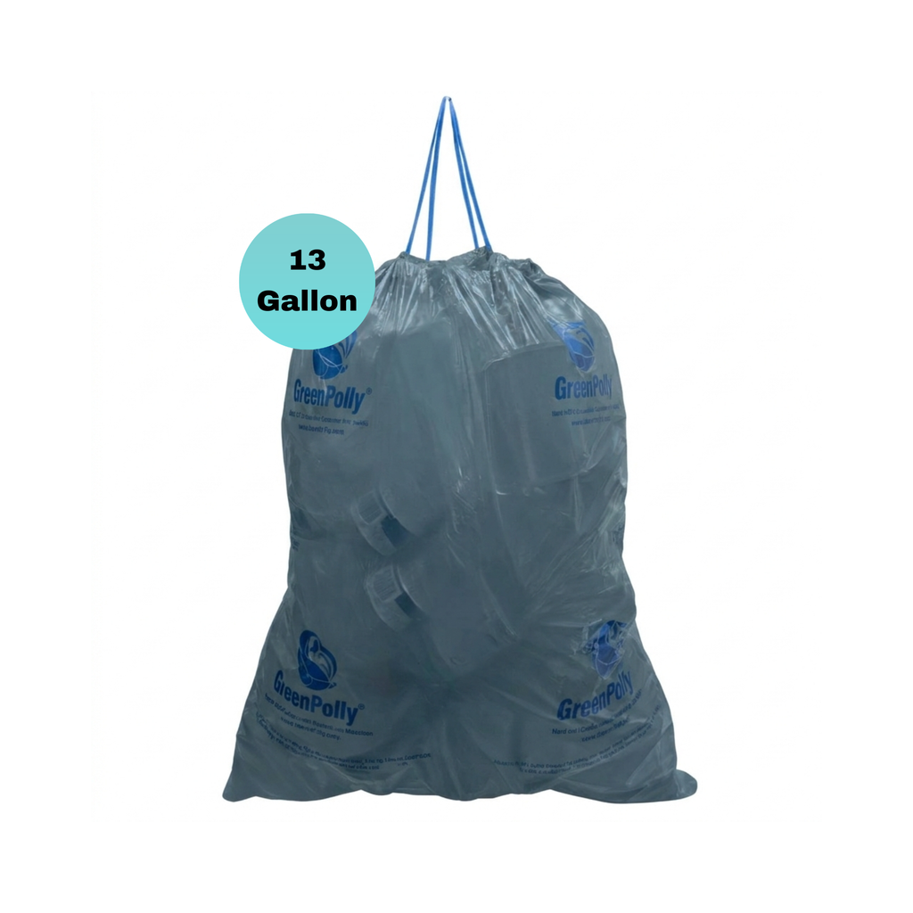 13 Gallon Opaque Gray Blue Tall Kitchen Drawstring Trash Bags, 100% Recycled Plastic