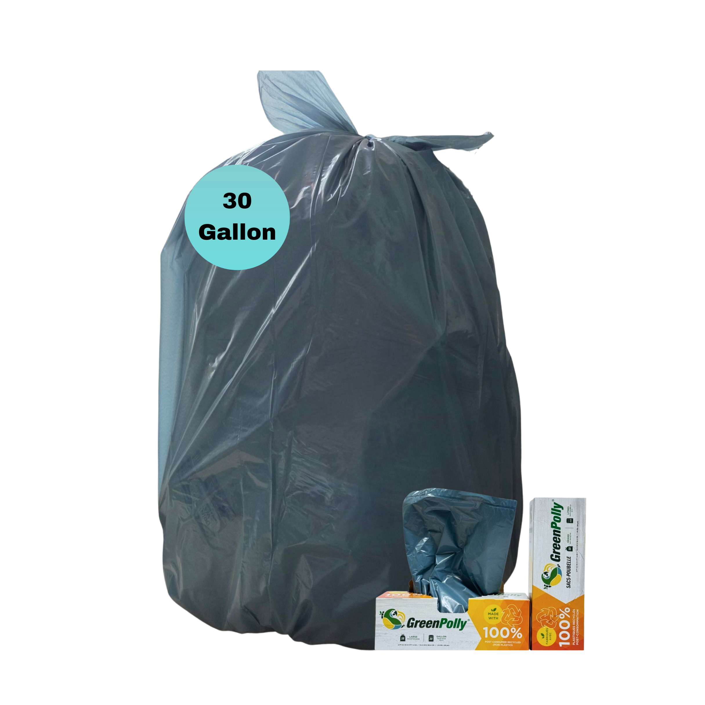 30 Gallon Opaque Gray Blue Wavetop Trash Bags, 100% Recycled Plastic