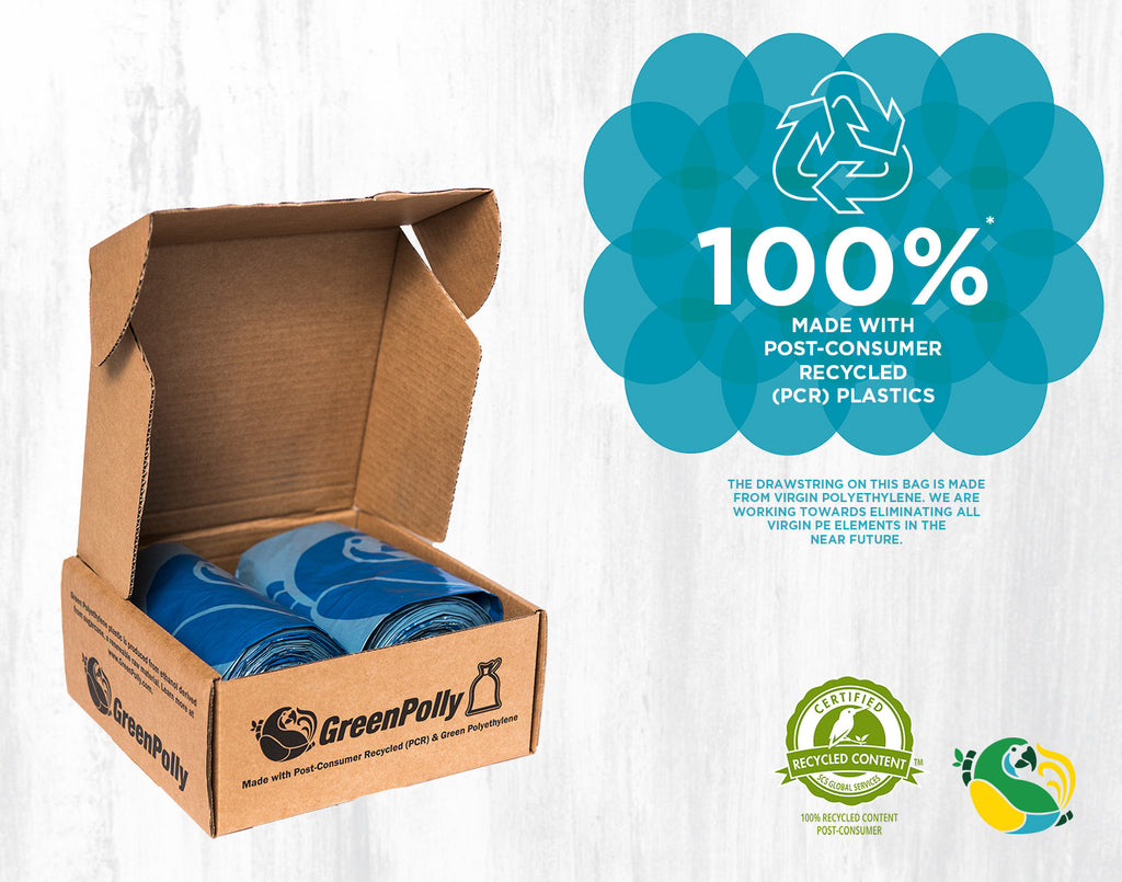 13 Gallon Opaque Gray Blue Tall Kitchen Drawstring Trash Bags, 100% Recycled Plastic-Brown Box Pack