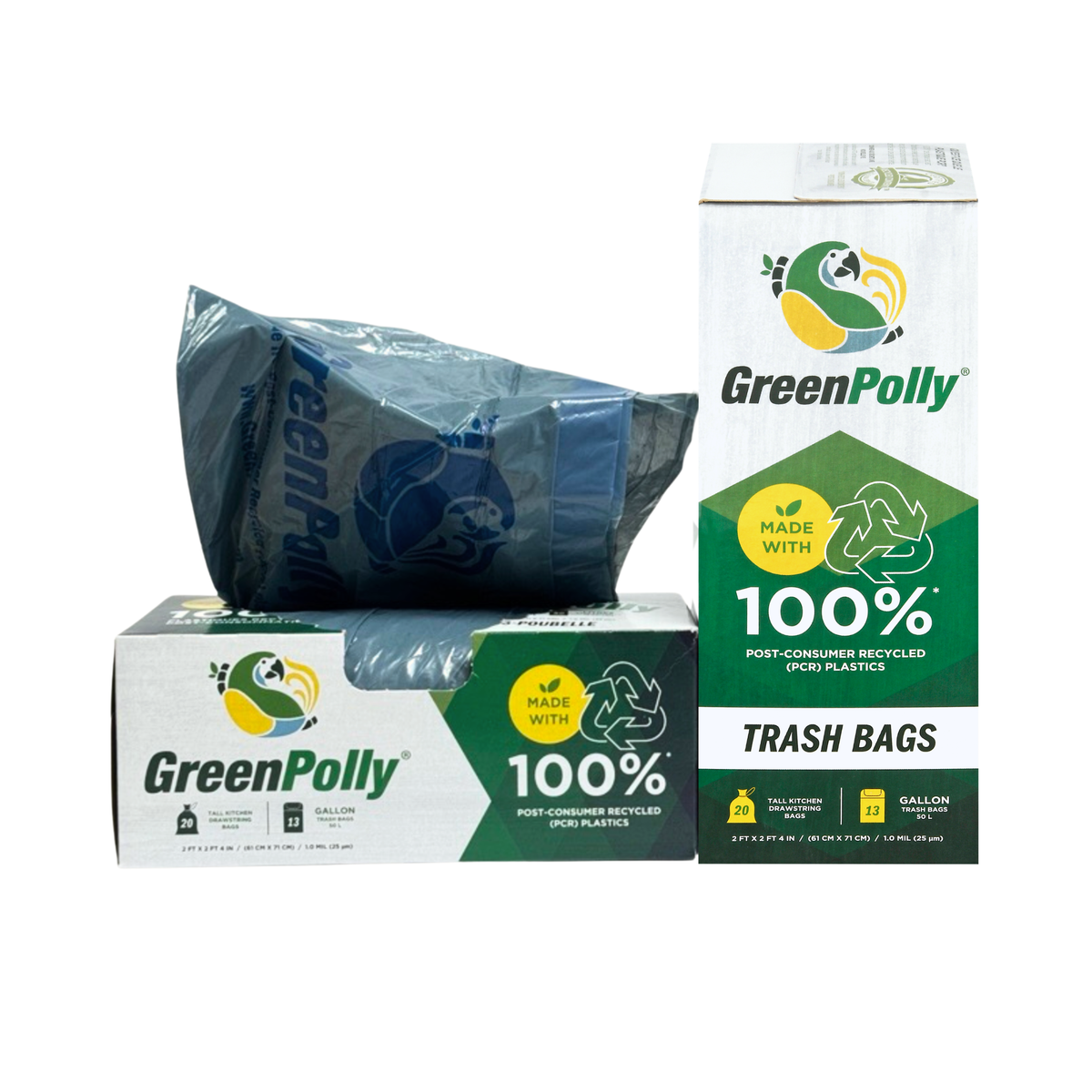 13 Gallon Opaque Gray Blue Tall Kitchen Drawstring Trash Bags, 100% Recycled Plastic