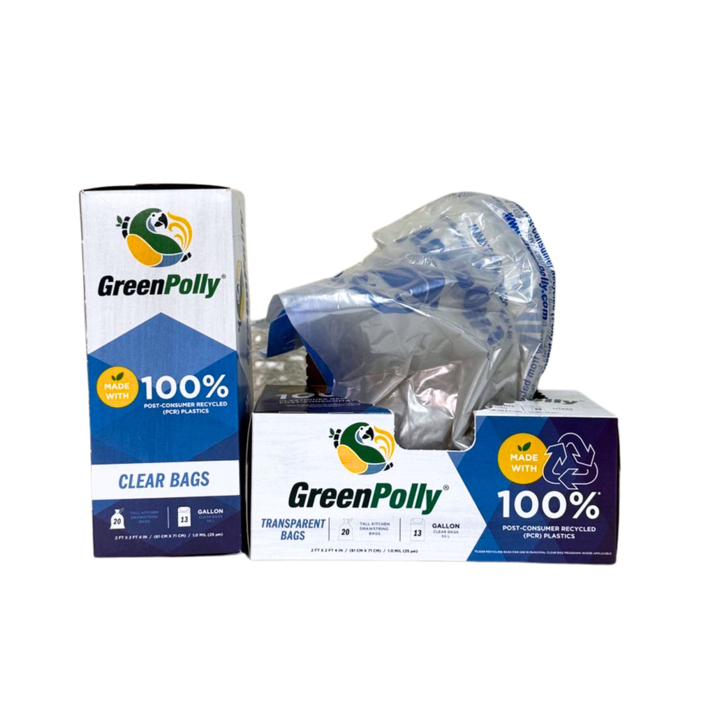 13 Gallon Clear Tall Kitchen Drawstring Trash Bags, 100% Recycled Plastic