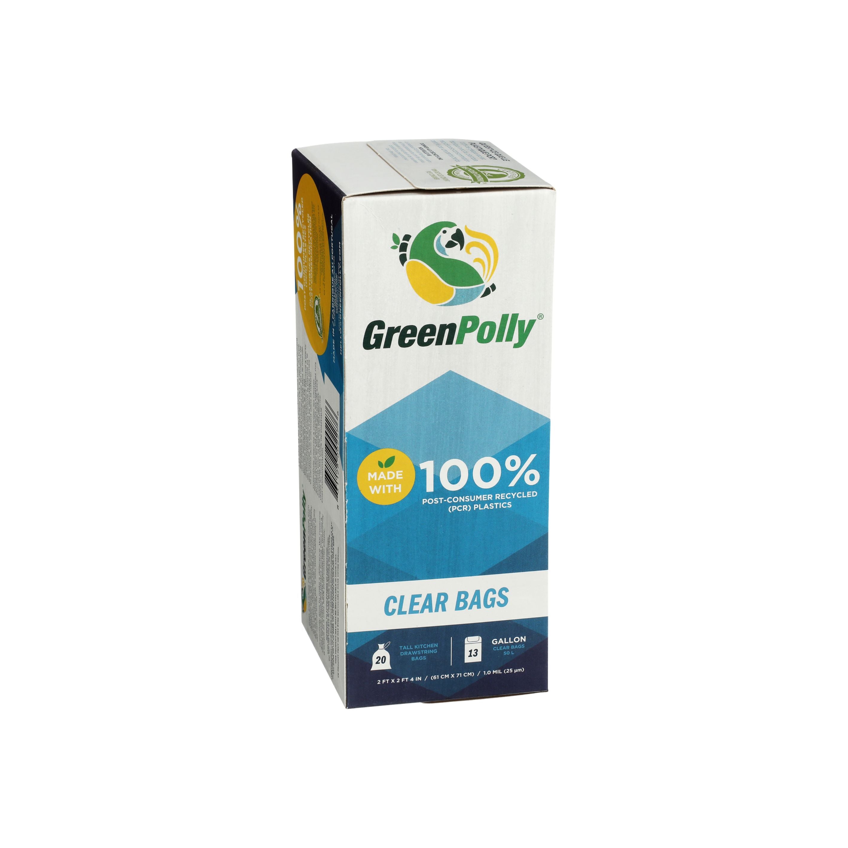 13 Gallon Clear Tall Kitchen Drawstring Trash Bags, 100% Recycled Plastic