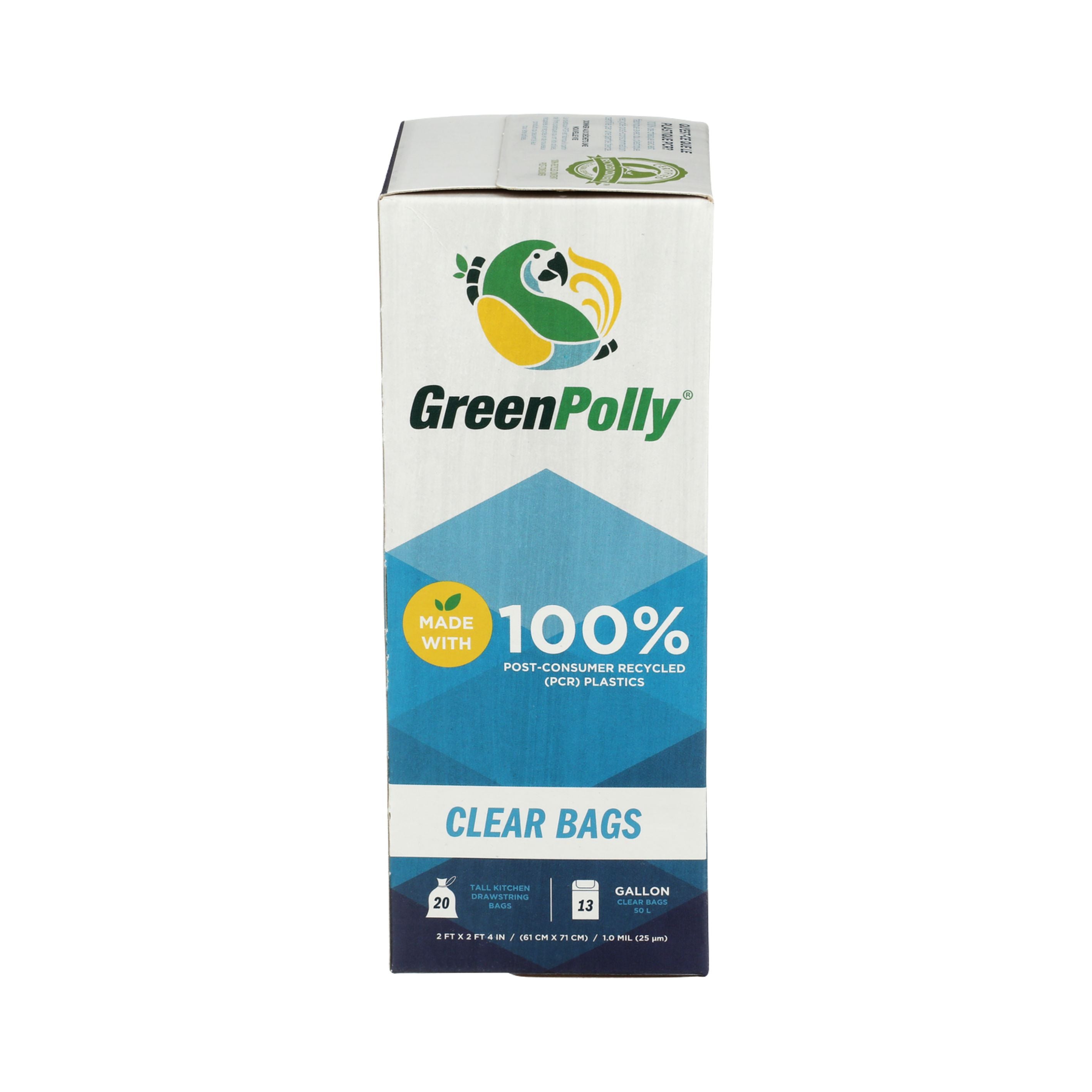 13 Gallon Clear Tall Kitchen Drawstring Trash Bags, 100% Recycled Plastic