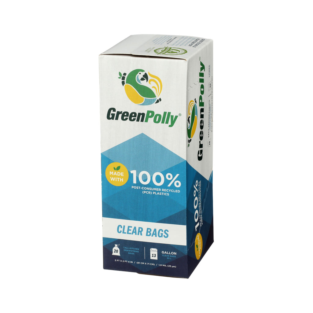 13 Gallon Clear Tall Kitchen Drawstring Trash Bags, 100% Recycled Plastic