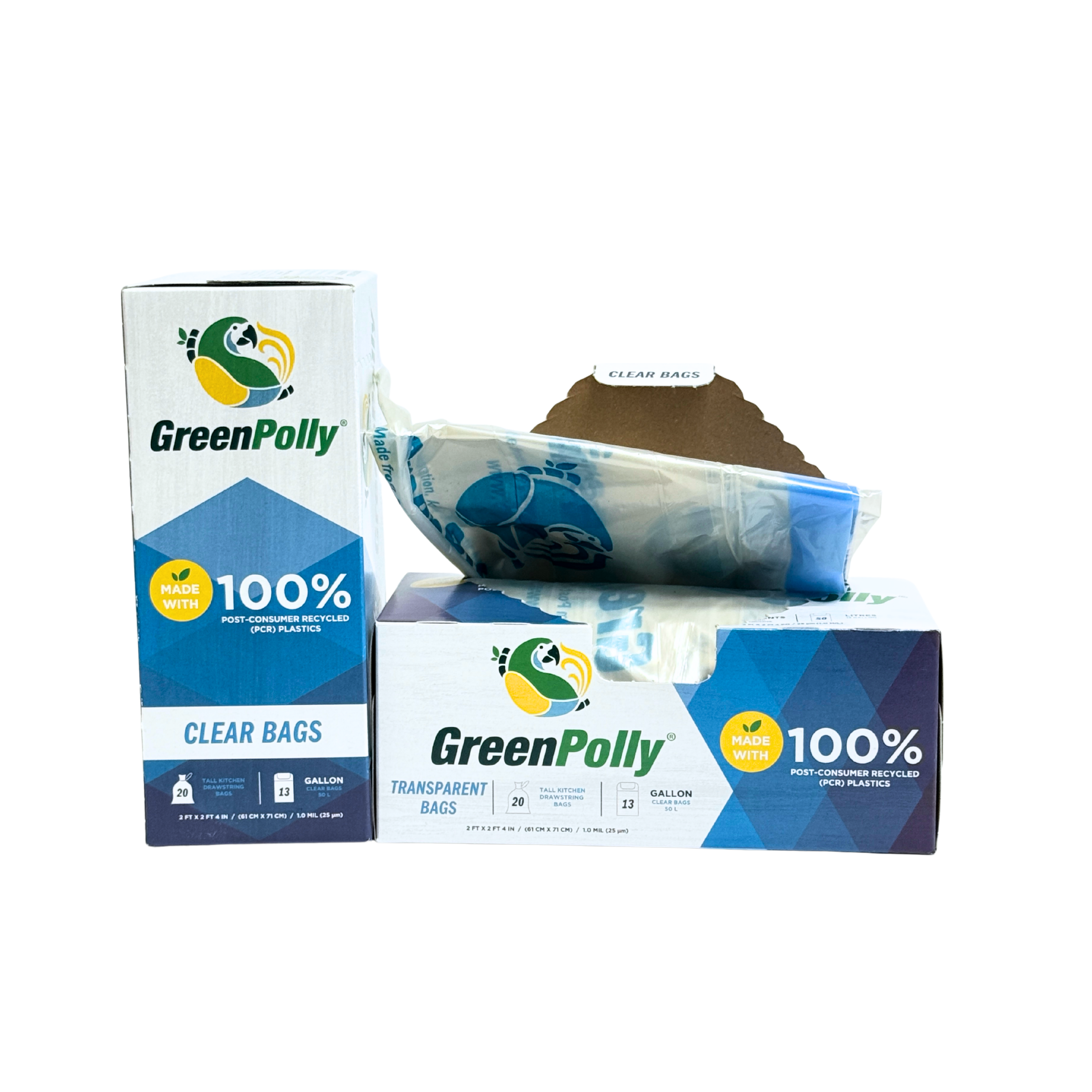 13 Gallon Clear Tall Kitchen Drawstring Trash Bags, 100% Recycled Plastic