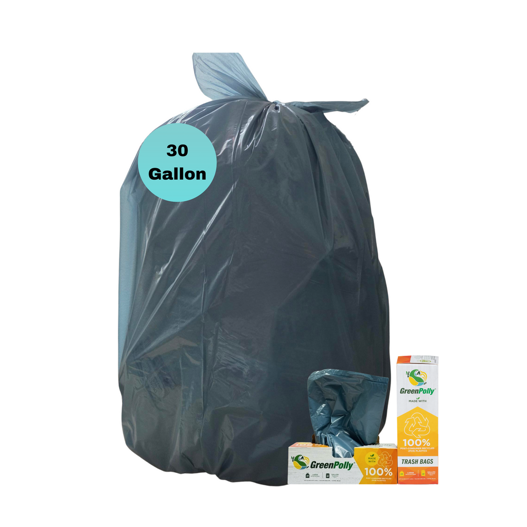30 Gallon Opaque Gray Blue Wavetop Trash Bags, 100% Recycled Plastic