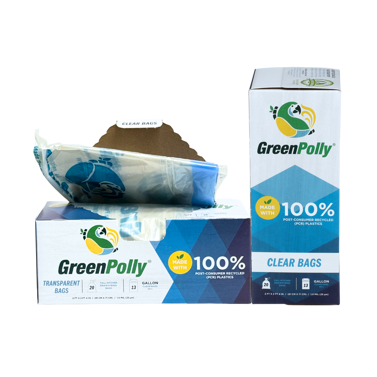 13 Gallon Clear Tall Kitchen Drawstring Trash Bags, 100% Recycled Plastic