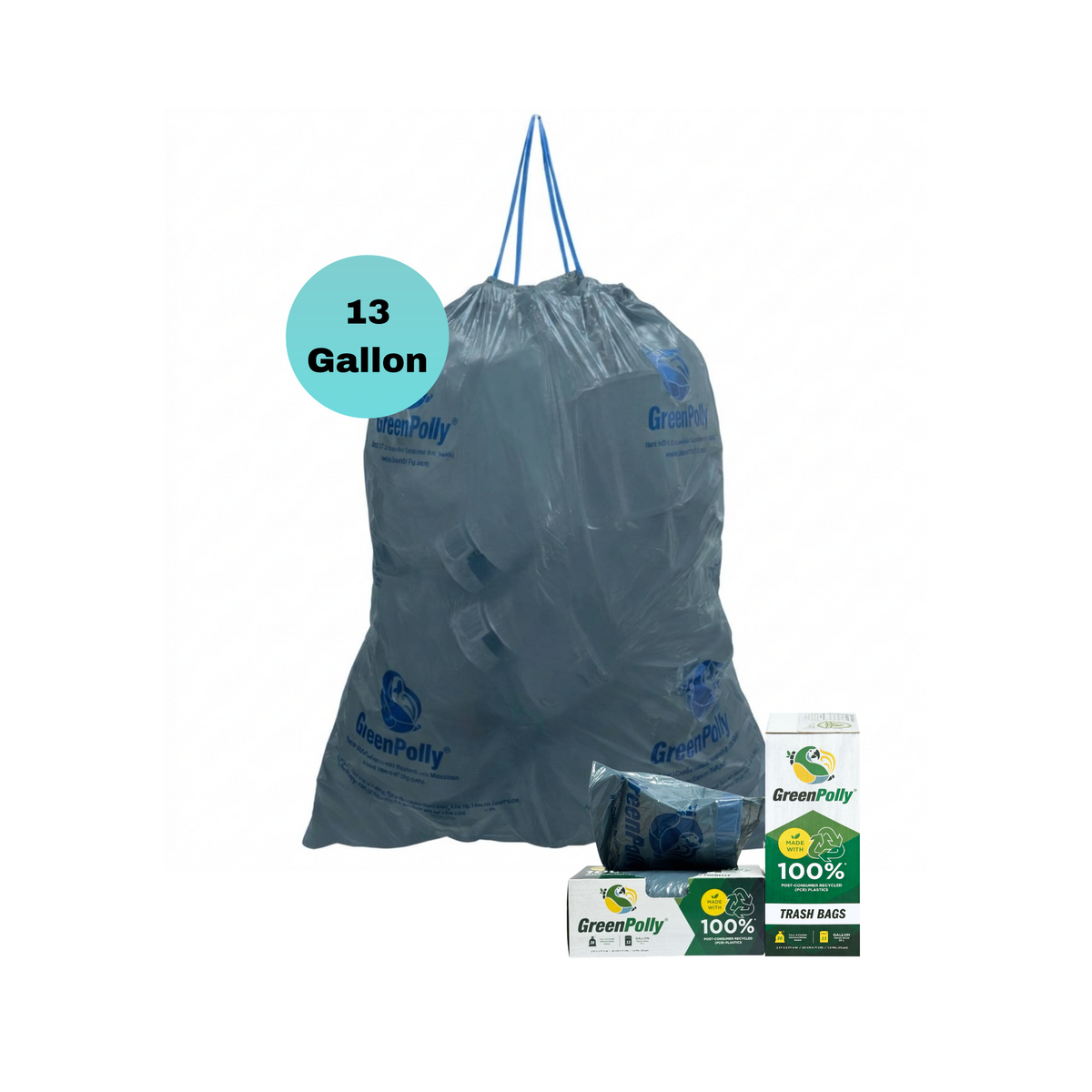 13 Gallon Opaque Gray Blue Tall Kitchen Drawstring Trash Bags, 100% Recycled Plastic