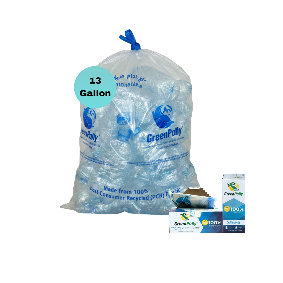 13 Gallon Clear Tall Kitchen Drawstring Trash Bags, 100% Recycled Plastic