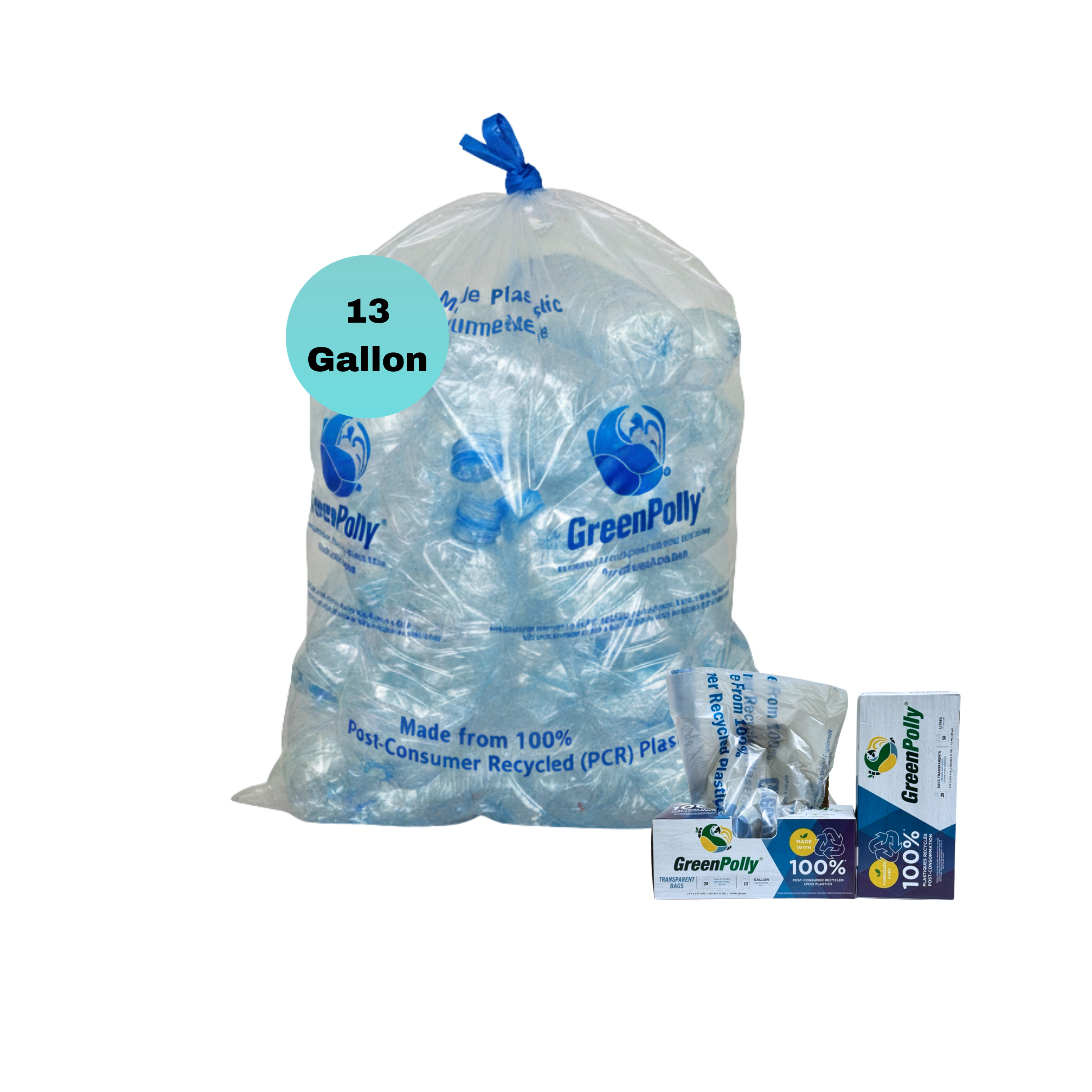 13 Gallon Clear Tall Kitchen Drawstring Trash Bags, 100% Recycled Plastic
